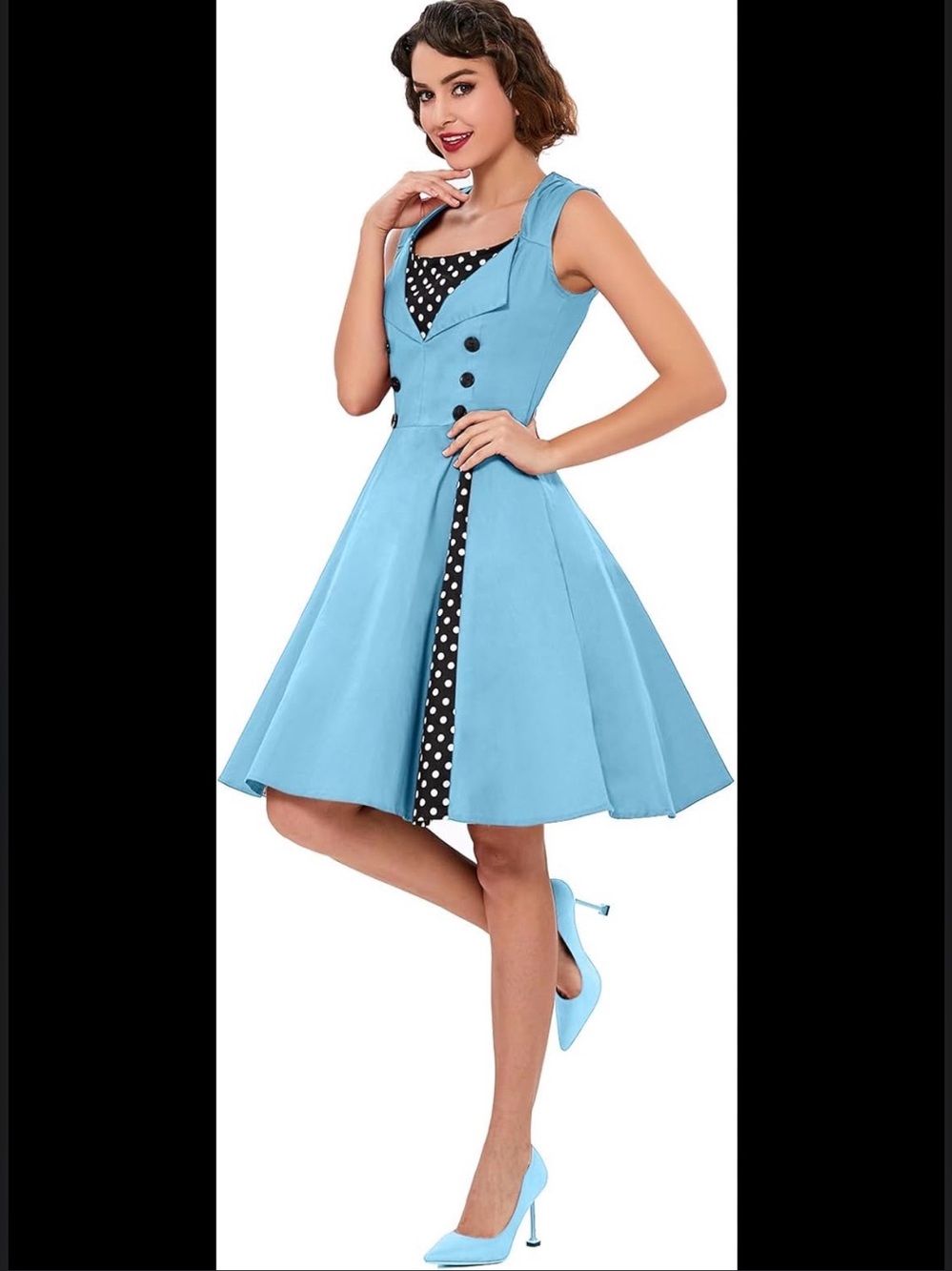 Vintage-Inspired Light Blue Fit & Flare Dress with Polka Dot Accent